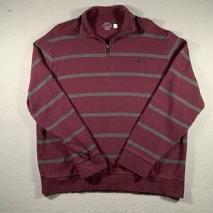 Polo Ralph Lauren Mens 1/4 Zip Sweater Long Sleeve Maroon Red Gray Striped XL